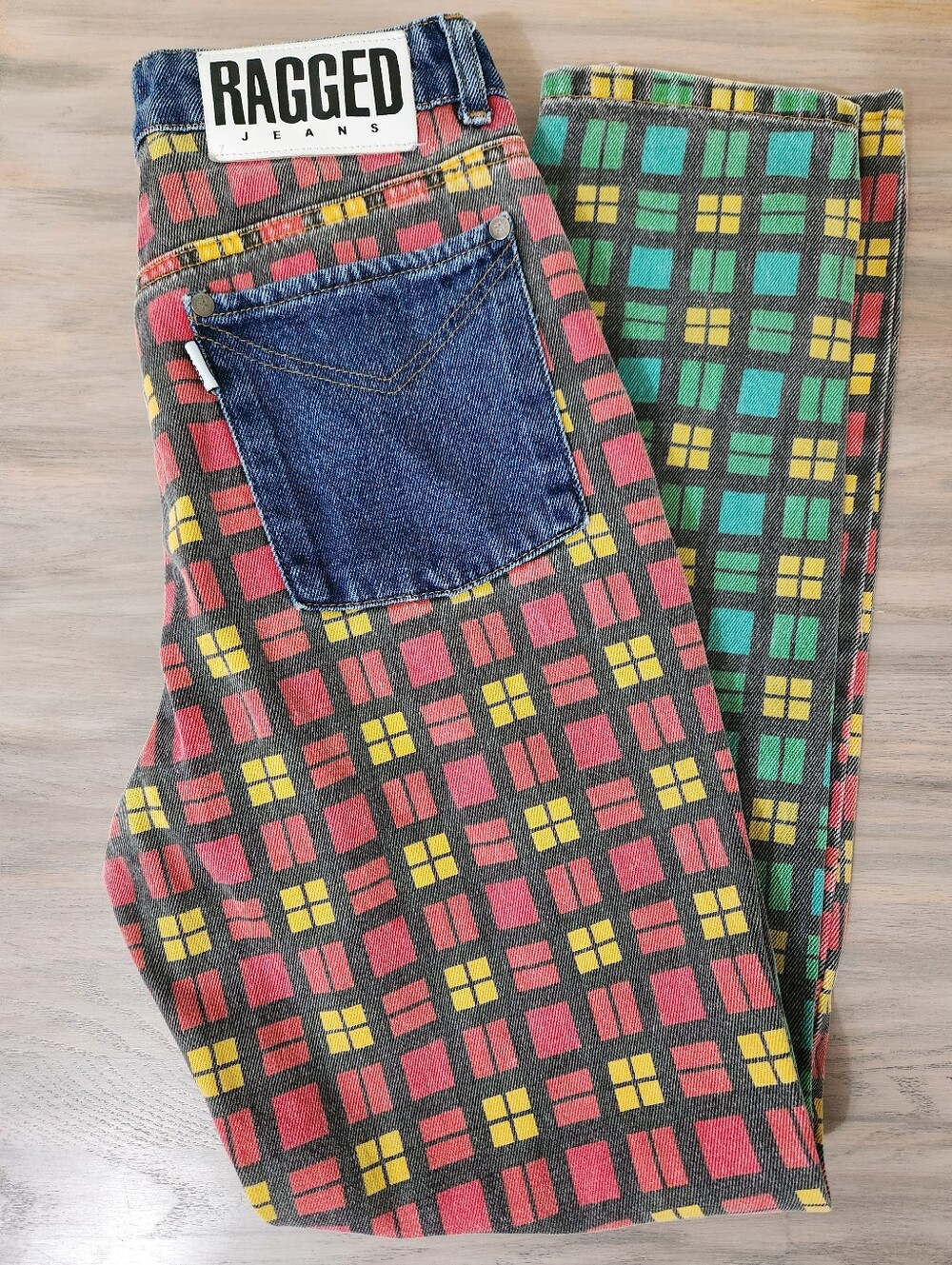 The Ragged Priest Mixed Check Mom Jeans Size 28 Red Yellow Green Blue 90s